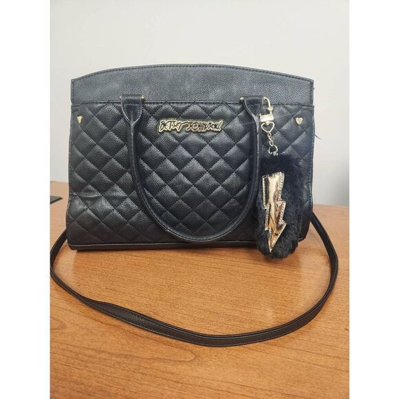 Betsey Johnson 2 way Handbag Pink Black White Floral Liner and crossbody strap p - Picture 1 of 16